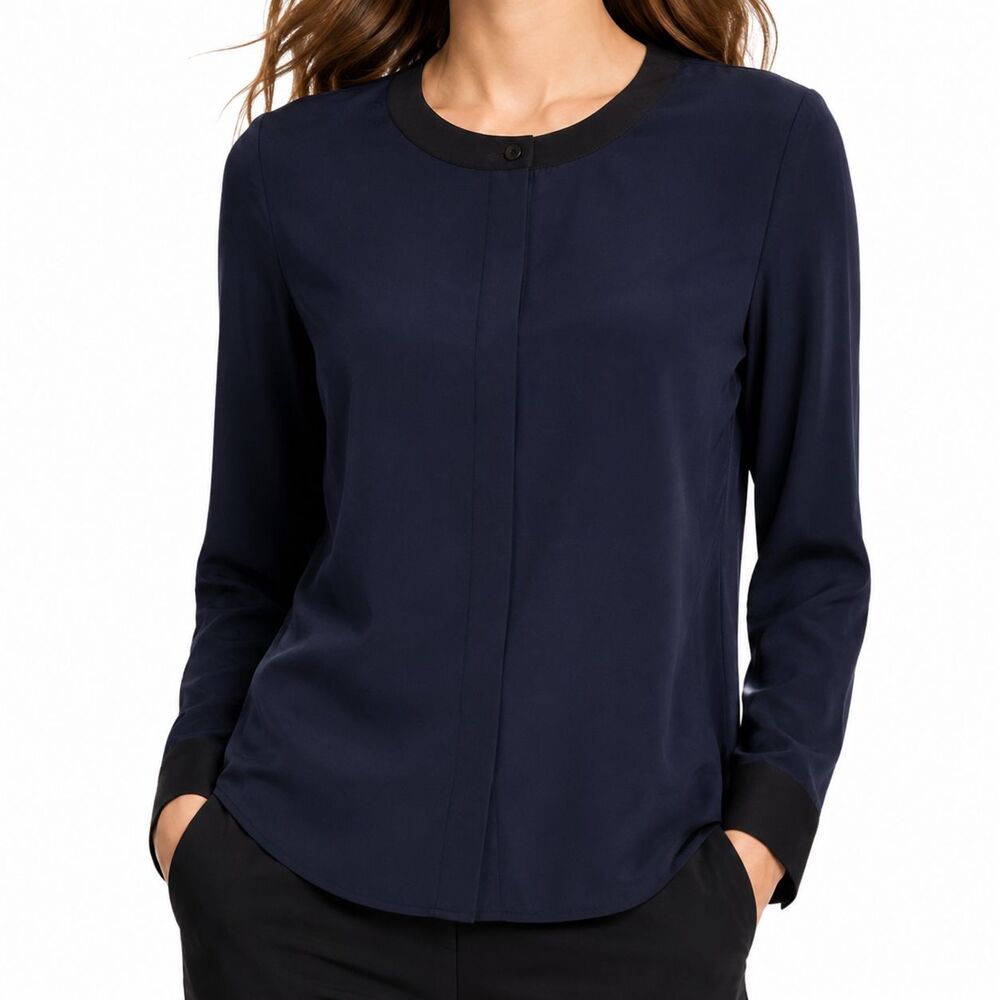 J Crew Womens Blouse 6 Navy Blue Black Contrast Trim Button Up Career Work Shirt